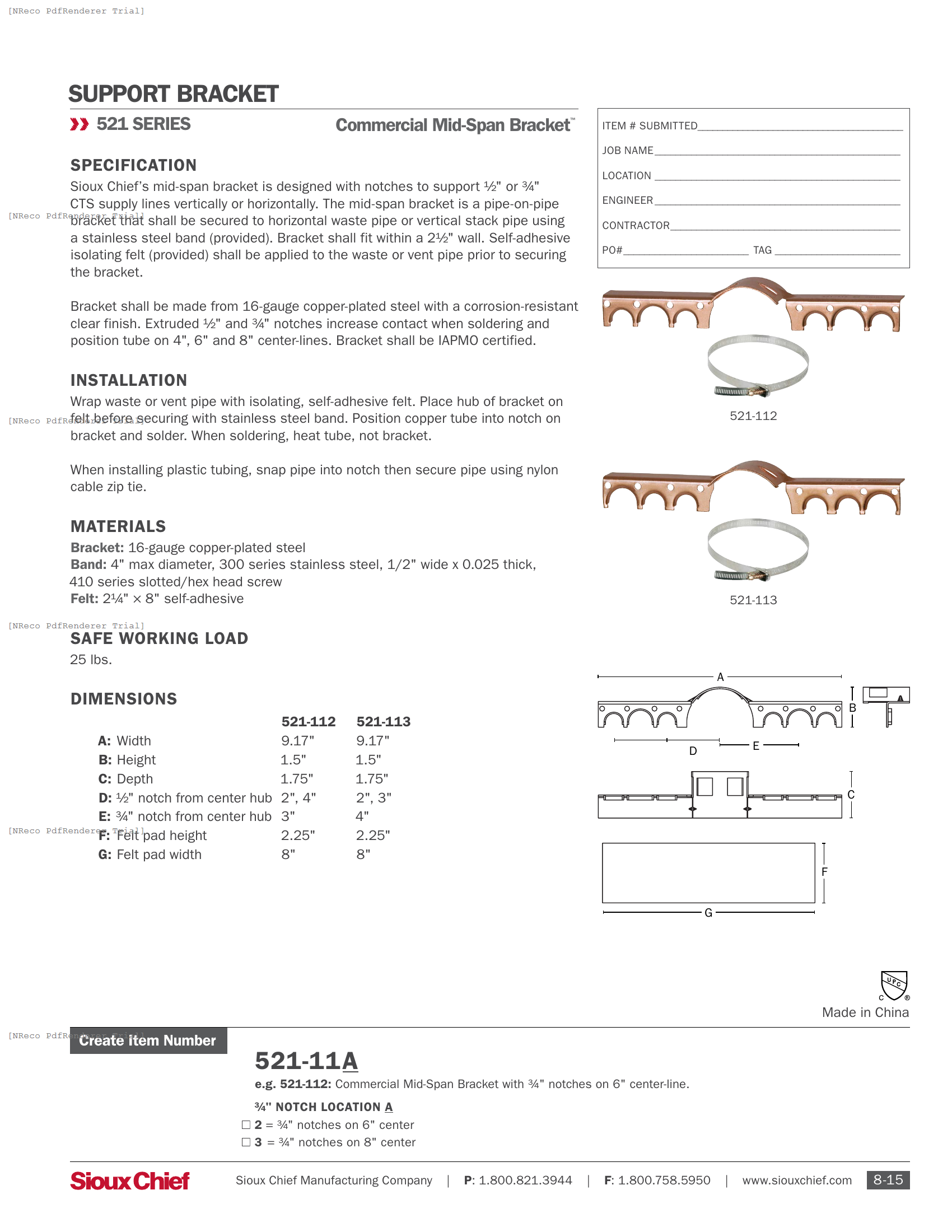 521 SERIES - COMMERCIAL MID-SPAN BRACKET - SPEC SHEET.PDF Specification Document